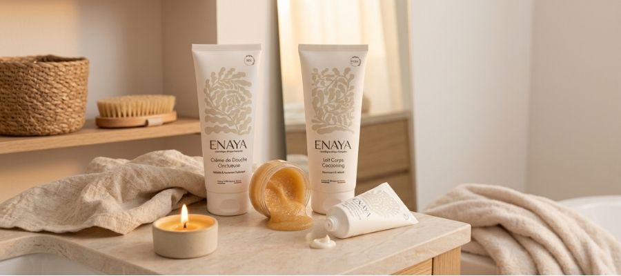 Routine corps cocooning ENAYA avec crème de douche, gommage et lait corps